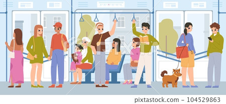 People in bus, public place and travel. Urban transportation service, passengers crowd. Adults go to home or work, snugly vector city transport service 104529863
