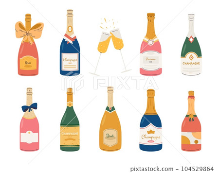 Sparkle wine bottles, holiday champagne bottle and grasses. New year party drinks. Brut, prosecco alcoholic beverages. Snugly celebrate vector elements 104529864
