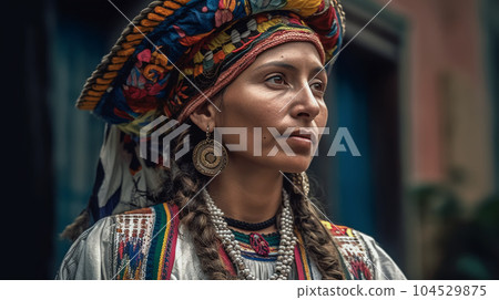 Portrait of beautiful Colombian woman in national costume. Traditional colorful clothes, makeup and jewelry. Generative AI Portrait of beautiful Colombian woman in national costume. Traditional colorful clothes, makeup and jewelry. Generative AI 104529875