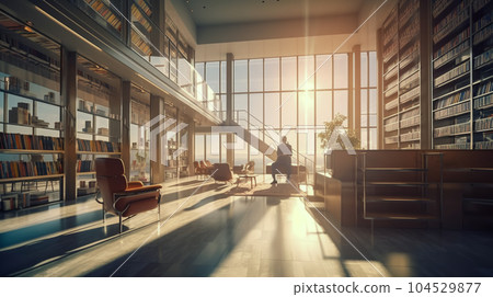 People in library read books. Light modern trendy spacious library with large windows and sunlight. Place of rest and leisure for citizens, young people and elderly. Generative AI People in library read books. Light modern trendy spacious library with large windows and sunlight. Place of rest and leisure for citizens, young people and elderly. Generative AI 104529877