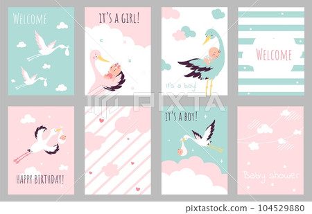 Baby shower party invitations and wishes printable cards. Cartoon stork flying with newborn babies, girl and boy. Festive nowaday vector banners 104529880