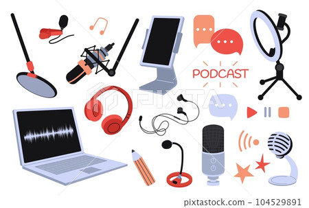 Digital podcast tech equipment. Light, microphone and tablet, laptop and headphones. Streaming live or tv audio show, radio wave decent vector elements Digital podcast tech equipment. Light, microphone and tablet, laptop and headphones. Streaming live or tv audio show, radio wave decent vector elements 104529891