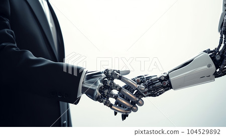 Robot holding hands with handshake, close up. Technology or machine learning concepts. Generative ai Robot holding hands with handshake, close up. Technology or machine learning concepts. Generative ai 104529892