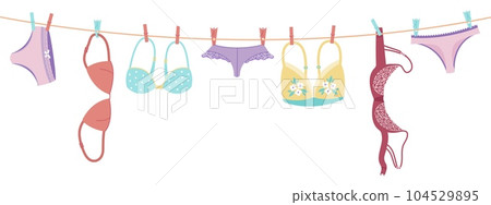Female panties and bra hanging on rope. Lingerie on clothesline, isolated underwear, panty and bras for women. Decent vector fashion elements 104529895