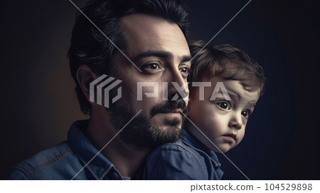 Portrait of man with beard with little son. Dad holds small child in his arms on black background. Generative AI 104529898