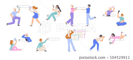 People and web search bars. Young woman man surf in internet, searching job, goods or info. Teenagers looking with magnifying glass snugly vector set People and web search bars. Young woman man surf in internet, searching job, goods or info. Teenagers looking with magnifying glass snugly vector set 104529911