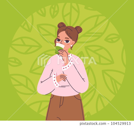 Girl matcha drink. Teenager drinking green tea, young woman holding cup or mug. Positive energy cartoon character, snugly vector person graphic Girl matcha drink. Teenager drinking green tea, young woman holding cup or mug. Positive energy cartoon character, snugly vector person graphic 104529913