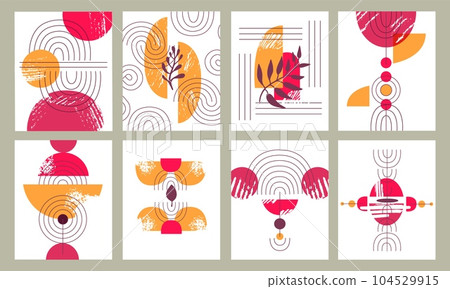 Contemporary bohemian cards. Colorful minimalist balance art, geometric modern scandinavian shapes. Boho doodle grunge neoteric vector posters Contemporary bohemian cards. Colorful minimalist balance art, geometric modern scandinavian shapes. Boho doodle grunge neoteric vector posters 104529915