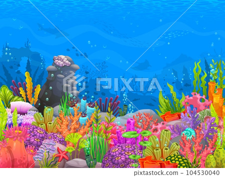 Underwater sea landscape with corals, reef and seaweeds. Cartoon vector background, vibrant seascape with colorful thriving ecosystem, and graceful weeds, creating a mesmerizing aquatic environment 104530040