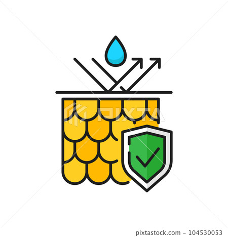 Waterproof protection icon water repellent surface. Vector water resistant sign, liquid drop, arrows and shield. Absorption material and shield quality mark 104530053