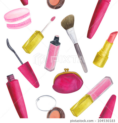 Seamless pattern mascara, blush, brush, lipstick, lip gloss, cosmetic bag, macarons. Watercolor illustrations on white background. Hand drawn. Pink 104530183