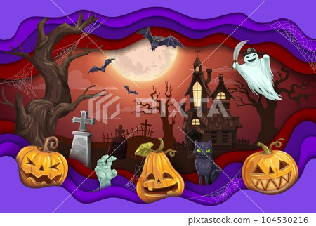 Halloween paper cut holiday landscape. Flying on full moon bats and cemetery ghost character, witch black cat, zombie hand and Halloween Jack o lantern pumpkins, cobweb on paper cut vector background 104530216