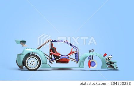 Sport car custom upgrade kit set of details for body and engine 3d render on blue gradient Sport car custom upgrade kit set of details for body and engine 3d render on blue gradient 104530228