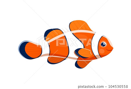 Cartoon clown fish sea animal. Isolated vector vibrant captivating underwater creature known for its unique pattern and symbiotic relationship with sea anemones. Adorable tropical marine clownfish 104530558