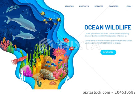 Landing page with paper cut underwater landscape. Vector web banner capturing the tranquility and beauty of the underwater world and ocean wildlife with coral reef, dolphins, fishes and seaweeds Landing page with paper cut underwater landscape. Vector web banner capturing the tranquility and beauty of the underwater world and ocean wildlife with coral reef, dolphins, fishes and seaweeds 104530592
