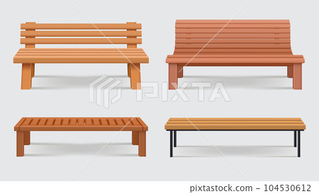 Benches. Realistic set of different wooden benches for urban park decent vector collection Benches. Realistic set of different wooden benches for urban park decent vector collection 104530612