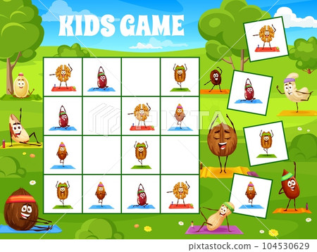 Sudoku kids game, cartoon nut characters on yoga fitness sport, vector quiz puzzle. Sudoku riddle worksheet grid to find and match coconut, peanut and almond on fitness, cashew and hazelnut on yoga Sudoku kids game, cartoon nut characters on yoga fitness sport, vector quiz puzzle. Sudoku riddle worksheet grid to find and match coconut, peanut and almond on fitness, cashew and hazelnut on yoga 104530629