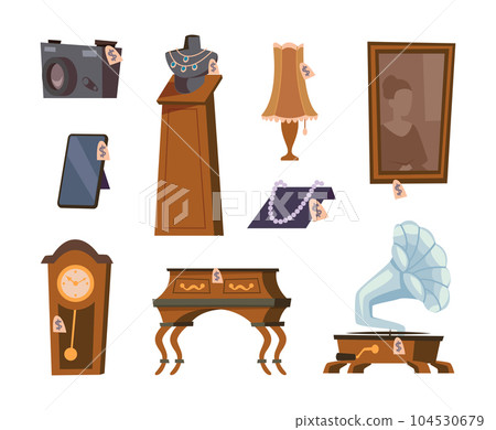 Pawn shop. Rare and expensive items for selling antique jewelry things exact vector pawn shop tools collection 104530679