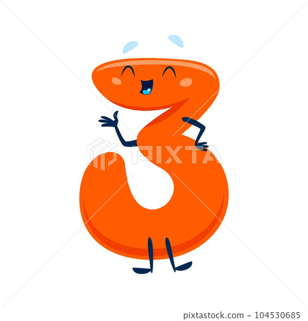 Cartoon cute funny number three character with expressive eyes and charming smile. Isolated vector orange colored digit 3 personage perfect for children books and mathematics educational materials Cartoon cute funny number three character with expressive eyes and charming smile. Isolated vector orange colored digit 3 personage perfect for children books and mathematics educational materials 104530685