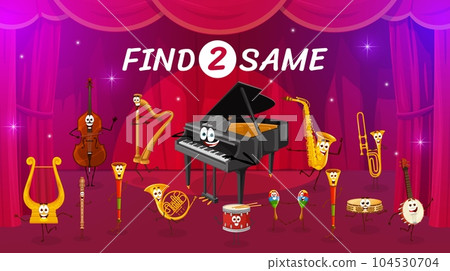 Find two same cartoon musical instrument characters on the stage. Objects compare kids puzzle, difference spotting game vector worksheet with lyre, flute, bass, horn and harp, piano comical personages Find two same cartoon musical instrument characters on the stage. Objects compare kids puzzle, difference spotting game vector worksheet with lyre, flute, bass, horn and harp, piano comical personages 104530704