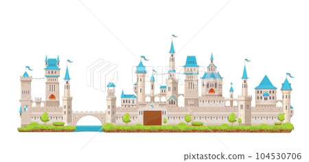 Medieval fortress castle. Knight stone fortress with gate, towers turrets, bridge and flags. Isolated cartoon vector antique building, middle ages architecture. Fantasy magic or fairytale royal house Medieval fortress castle. Knight stone fortress with gate, towers turrets, bridge and flags. Isolated cartoon vector antique building, middle ages architecture. Fantasy magic or fairytale royal house 104530706