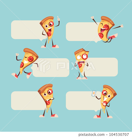 Pizza characters. sliced pizza mascot with funny faces standing near blank banners Pizza characters. sliced pizza mascot with funny faces standing near blank banners 104530707