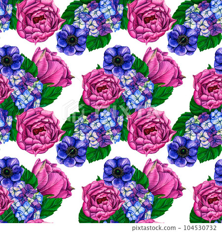 Hand drawn watercolor seamless pattern flowers violet anemone, tulips, pink peony and hydrangea. Spring floral botanical illustration isolated for wedding invitation, birthday and mothers day cards Hand drawn watercolor seamless pattern flowers violet anemone, tulips, pink peony and hydrangea. Spring floral botanical illustration isolated for wedding invitation, birthday and mothers day cards 104530732