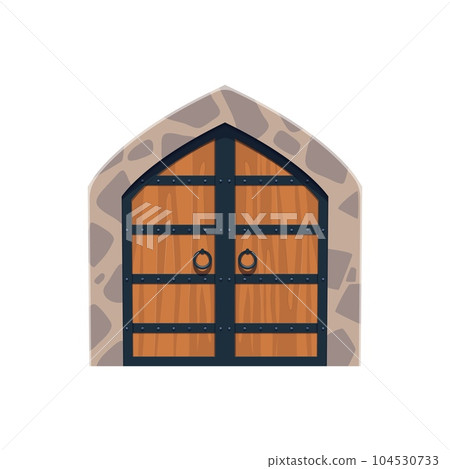 Cartoon Medieval castle gate, wooden door entrance of dungeon or house, isolated vector. Ancient door with stone arch portal, Medieval entry gates with metal forged handles for game architecture Cartoon Medieval castle gate, wooden door entrance of dungeon or house, isolated vector. Ancient door with stone arch portal, Medieval entry gates with metal forged handles for game architecture 104530733