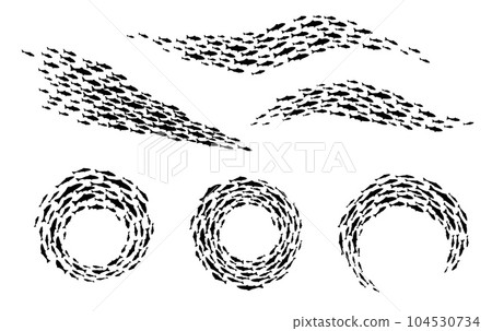 Fish shoal silhouettes, ocean or sea marine fishes school, vector background. Tuna, salmon or herring fish shoals swimming in water by groups in circle or wave, many small fishes school in silhouettes Fish shoal silhouettes, ocean or sea marine fishes school, vector background. Tuna, salmon or herring fish shoals swimming in water by groups in circle or wave, many small fishes school in silhouettes 104530734