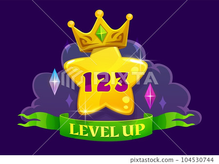 Game interface level up badge and win icon. Vector ui bonus label with golden star, crown, green award ribbon and gemstones. Medal for achievement, development reward, cartoon trophy experience growth Game interface level up badge and win icon. Vector ui bonus label with golden star, crown, green award ribbon and gemstones. Medal for achievement, development reward, cartoon trophy experience growth 104530744