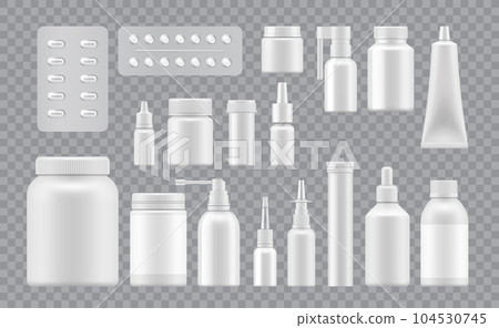 Pharmacy package of vitamins and cosmetics, drug pills or capsules. Vector realistic mockup of essential nutrients and skincare products in bottles, sprayers, blisters or tubes for health and wellness Pharmacy package of vitamins and cosmetics, drug pills or capsules. Vector realistic mockup of essential nutrients and skincare products in bottles, sprayers, blisters or tubes for health and wellness 104530745