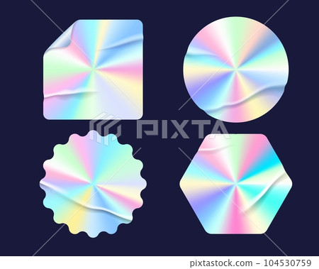 Hologram stickers, quality labels and tags, vector foil texture with iridescent gradient. Holographic stickers or holograph foil labels for original warranty product seals with crumple effect 104530759