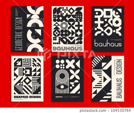 Monochrome Bauhaus posters with geometric abstract patterns, vector magazine cover backgrounds. Retro Bauhaus, Swiss or modern Scandinavian pattern posters with simple shape geometric elements 104530764