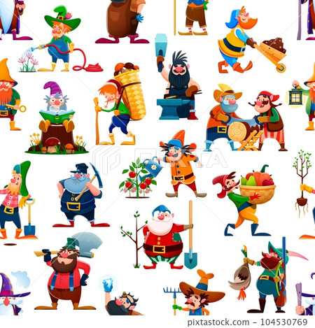 Cartoon gnome or dwarf characters seamless pattern. Textile vector print, wallpaper backdrop with gardener, farmer, miner and blacksmith, hunter, jeweler, woodcutter, wizard gnome funny personages Cartoon gnome or dwarf characters seamless pattern. Textile vector print, wallpaper backdrop with gardener, farmer, miner and blacksmith, hunter, jeweler, woodcutter, wizard gnome funny personages 104530769