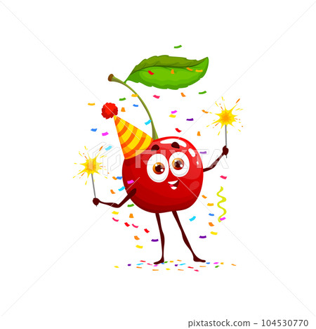 Cartoon cherry berry character, birthday holiday. Happy vector fresh juicy berry personage in festive hat fun with sparklers under falling colorful confetti at bday bash or anniversary celebration Cartoon cherry berry character, birthday holiday. Happy vector fresh juicy berry personage in festive hat fun with sparklers under falling colorful confetti at bday bash or anniversary celebration 104530770