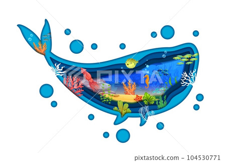Blue whale silhouette with sea underwater paper cut landscape, vector ocean world. Cartoon coral reef and ocean underwater in papercut layers with fish shoal, starfish and squid in tropical seaweeds Blue whale silhouette with sea underwater paper cut landscape, vector ocean world. Cartoon coral reef and ocean underwater in papercut layers with fish shoal, starfish and squid in tropical seaweeds 104530771