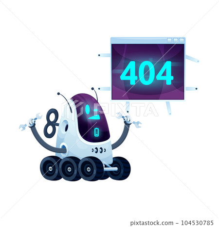 404 page with cartoon screen and futuristic robot. Network fail construction 404 banner, internet connection problem warning vector message with cute droid or robot character on wheels, holding wrench 404 page with cartoon screen and futuristic robot. Network fail construction 404 banner, internet connection problem warning vector message with cute droid or robot character on wheels, holding wrench 104530785