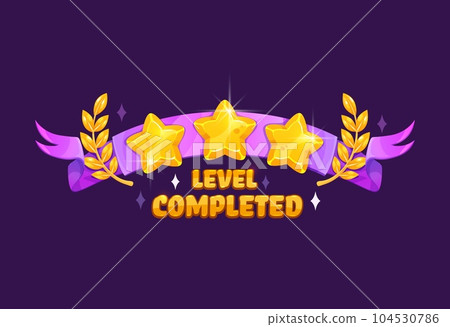 Game level complete with golden stars reward ribbon, vector GUI interface icon. Game level complete award popup badge with gold star and victory wreath on purple pink ribbon for arcade game win icon Game level complete with golden stars reward ribbon, vector GUI interface icon. Game level complete award popup badge with gold star and victory wreath on purple pink ribbon for arcade game win icon 104530786