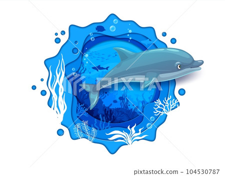 Cartoon blue dolphin and sea underwater paper cut landscape with seaweeds, vector ocean undersea. Papercut coral reef with fish shoal, shark and dolphin in underwater world in paper cut layers Cartoon blue dolphin and sea underwater paper cut landscape with seaweeds, vector ocean undersea. Papercut coral reef with fish shoal, shark and dolphin in underwater world in paper cut layers 104530787