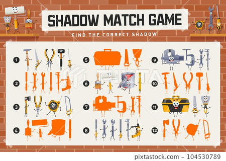 Shadow match game worksheet, cartoon repair, DIY and work tool characters, vector kids quiz. Find and match suitable shadow silhouette of funny hammer, toolbox and screwdriver, carpentry plane and saw 104530789