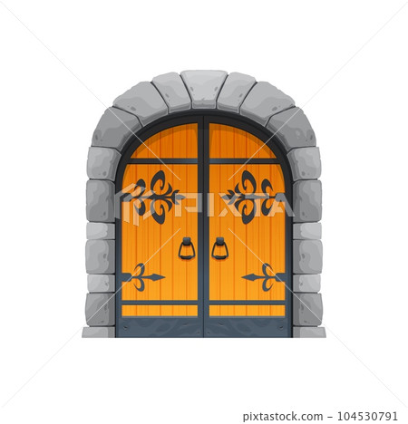 Cartoon Medieval castle gate door with stone arch frame, vector antique dungeon gateway. Medieval doorway entrance, fortress gate or palace door portal with forged iron grate of vintage fantasy castle 104530791