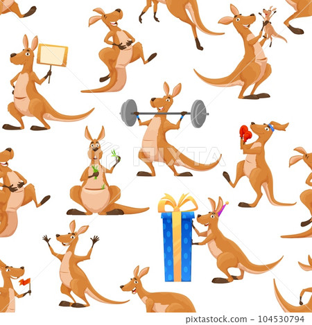 Cartoon kangaroo characters seamless pattern. Textile backdrop, wrapping paper vector print or fabric seamless background with cute kangaroo animal personage lifting barbell, boxing and opening gift 104530794