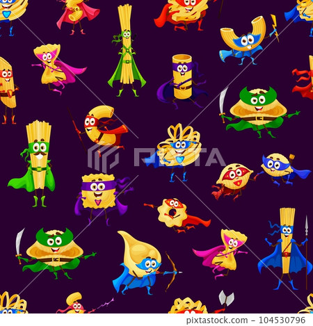 Cartoon pasta superhero characters seamless pattern. Textile or wrapping paper vector backdrop with spaghetti, rigatoni, maccheroni and cavatappi, filini, ravioli, hero or warrior cheerful personage 104530796