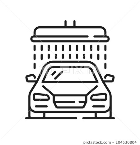Car wash service, vehicle under shower water drops isolated outline icon. Vector washing at transport station, automobile cleaning and care sign 104530804