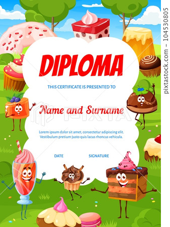 Kids diploma cartoon sweets, desserts and cake characters on summer meadow. Vector award frame, certificate template with cute confectionery personages pudding, muffin, pie, candy, macaroon or donut 104530805