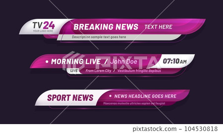 Purple news bar lower third header, tv headline. Vector video titles, television information lines. Modern violet and white graphic overlay isolated template. Broadcast strips, layout with text 104530818