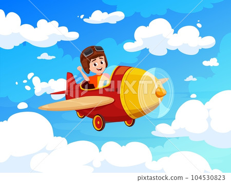 Kid flying on plane in blue cloudy sky. Cartoon child pilot on airplane. Adventurous boy soaring through the fluffy clouds, filled with excitement and wonder. Vector smiling aviator aircraft travel 104530823