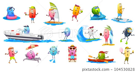 Cartoon vitamin characters on summer vacation. Vector b9 and b6, b2, u, c and e, P, n, b1, a and h, d, and k capsule pill personages on summer beach sports and vacation 104530828