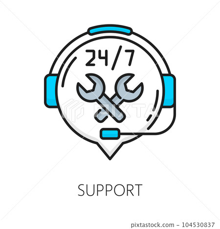 Support, CMS content management system icon, vector thin line pictogram. Customer service help or call center icon of phone headset and wrench, 24 for 7 user support chat for CMS content management 104530837
