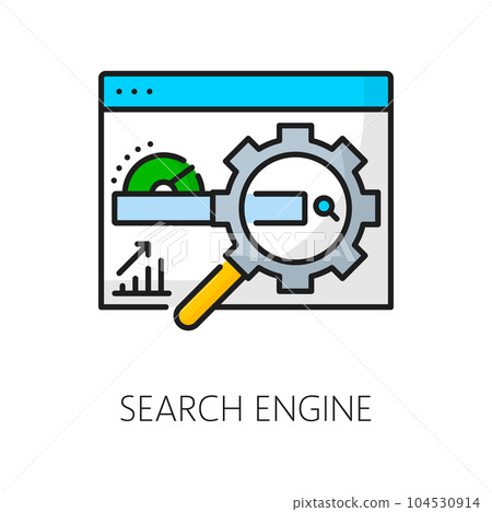 Search engine icon, SEM or search engine marketing and content management, line vector. Website search pictogram of webpage magnifier for SEM or SEO in internet media and online content optimization Search engine icon, SEM or search engine marketing and content management, line vector. Website search pictogram of webpage magnifier for SEM or SEO in internet media and online content optimization 104530914